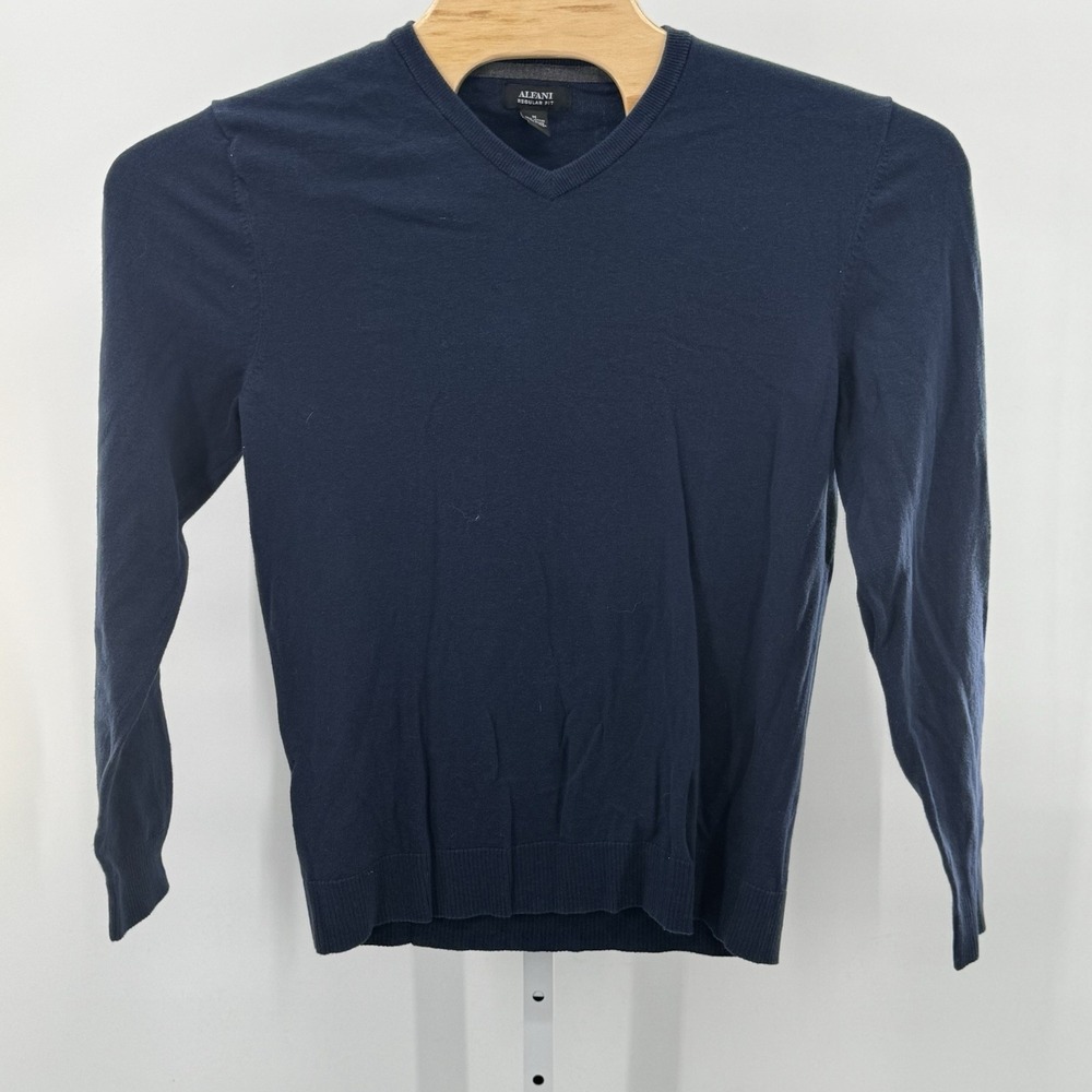 Men's Alfani Sweater Long Sleeve V-neck Cotton/Nylon Navy Blue Medium‎ Classic